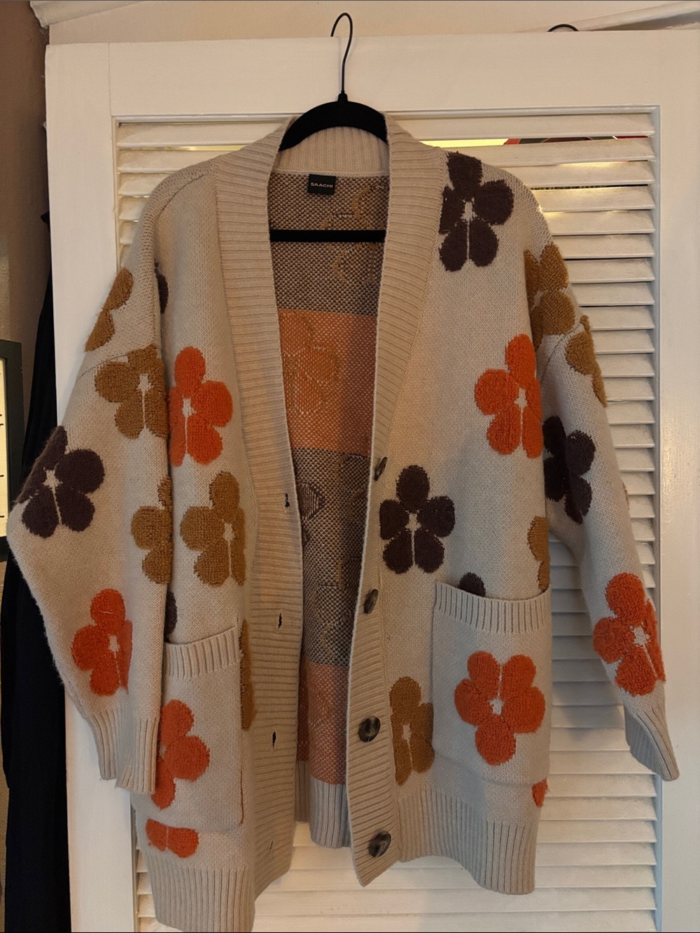 SAACHI Cream Cardigan with Orange, Brown & Gold Floral Motif